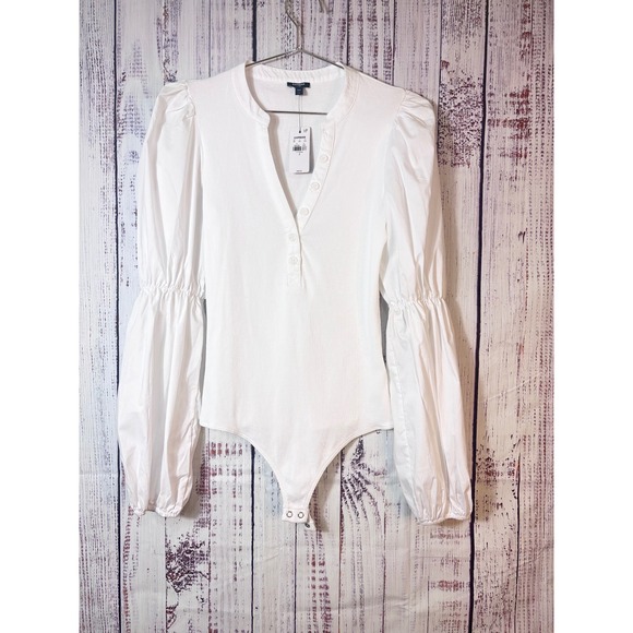 Express Tops - NWT Express White Ribbed Puff Sleeve Bodysuit Small Clean Girl Minimalist